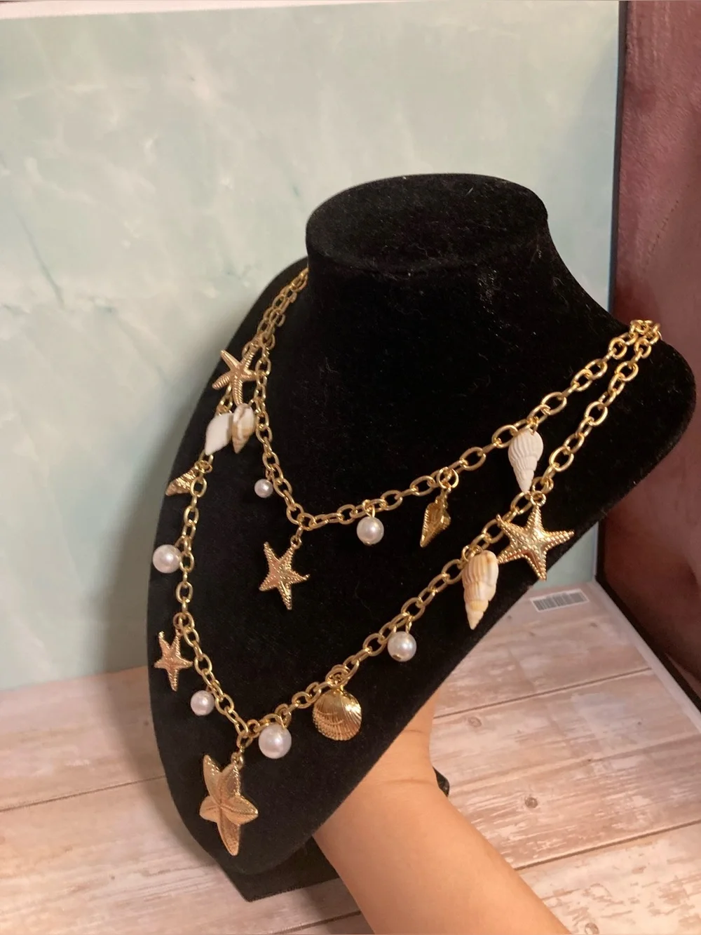 Gold Toned Seashell & Starfish Layered Necklace with Pearls
